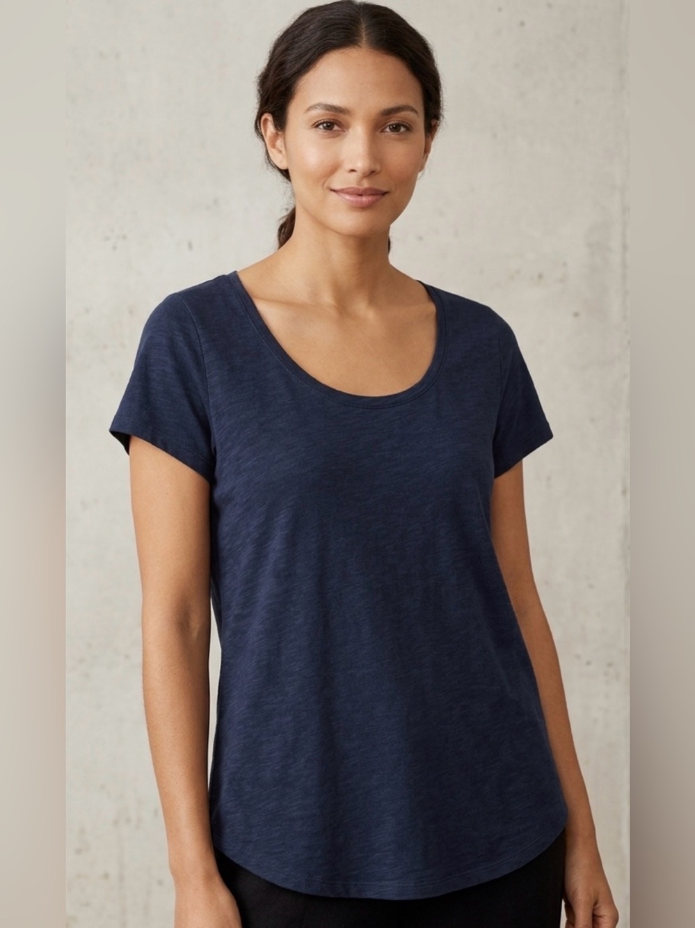 Eileen Fisher Organic Cotton Slub Scoop Neck High-Low Tee Midnight Navy Blue XL